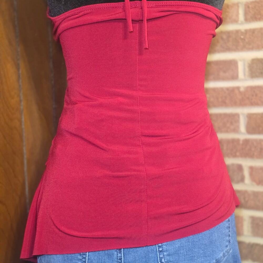 VTG Y2K Julie's Closet Maroon Halter Top Ruffle Tiered Peplum Asymmetrical XS - Picture 6 of 7